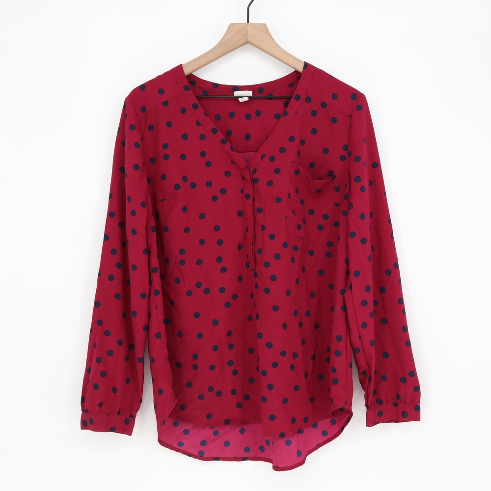 Merona Blouse Womens L Red Polka Dot V-Neck Long Sleeve Pocket Good